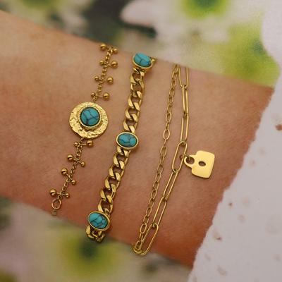 Stacked Bracelet Stainless Steel Plated Real Gold Pine Blue Natural Stone Titanium Steel Versatile Fashion Jewelry