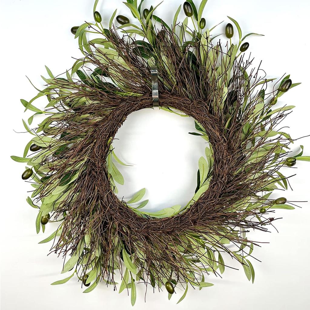Artificial Olive Leaf Wreath for Front Door, 20 Inch Green Olive Wreath with Olive Leaves and Olive Bean, Greenery Wreath for Home Wall Window