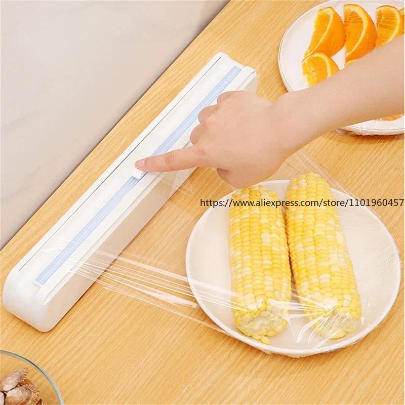 Plastic Wrap Dispenser with Suction Cup Household Film Cutter and Storage Box Creative Kitchen Tool