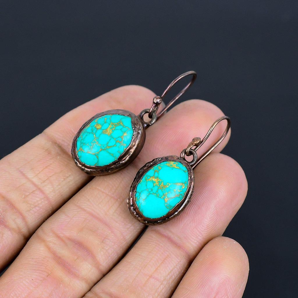 Arizona Turquoise Copper Electroformed Earrings, Handmade Gemstone Jewelry Earrings For Memorial Day