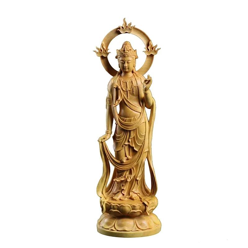 21CM Boxwood Carving Furnishing Ornaments Wood Crafts Buddha Statue Guanyin Sculpture Gifts