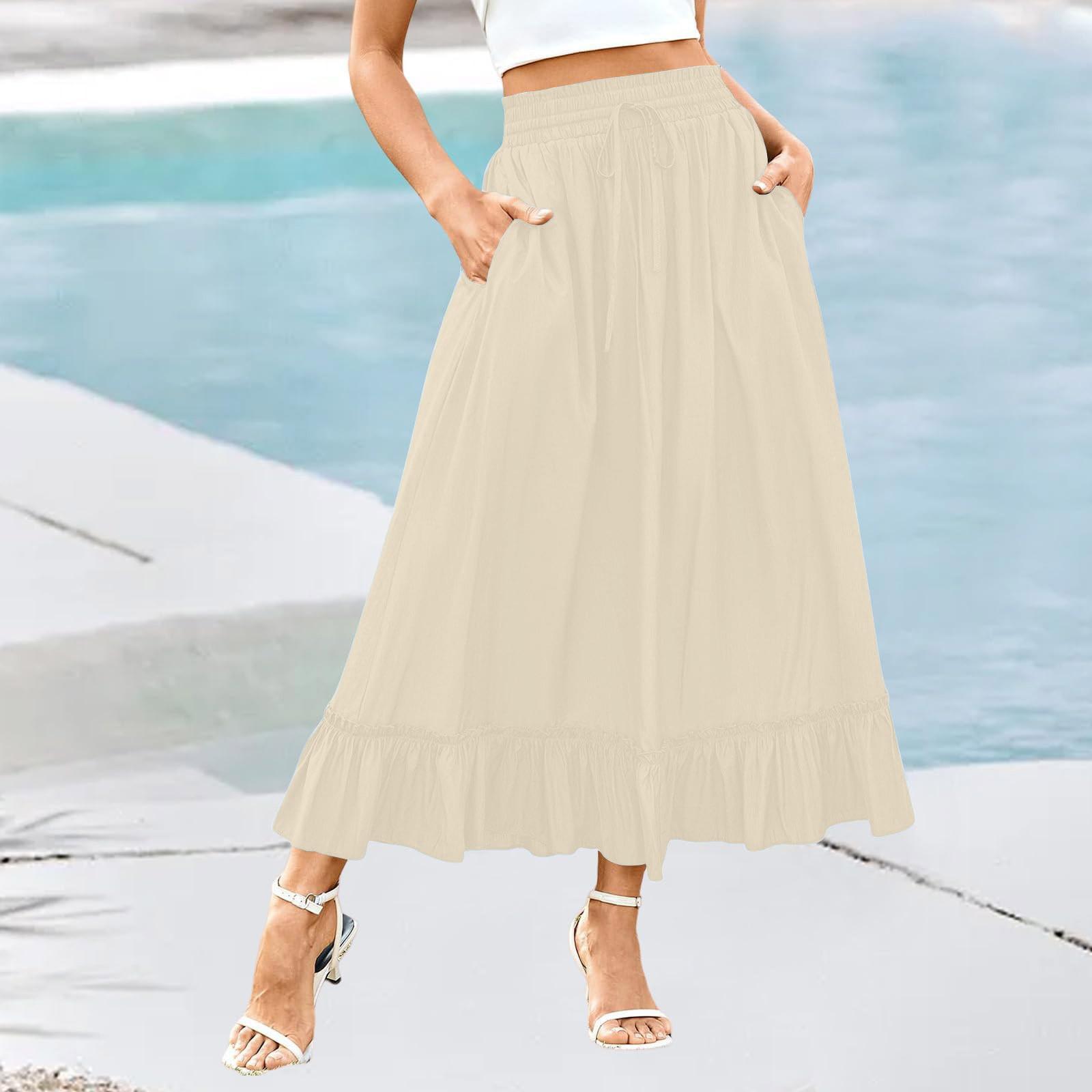 

Women s Fashionable And Casual Elastic Waistband Drawstring, Black Fungus Edge Pocket, Solid Color Skirt L бежевий