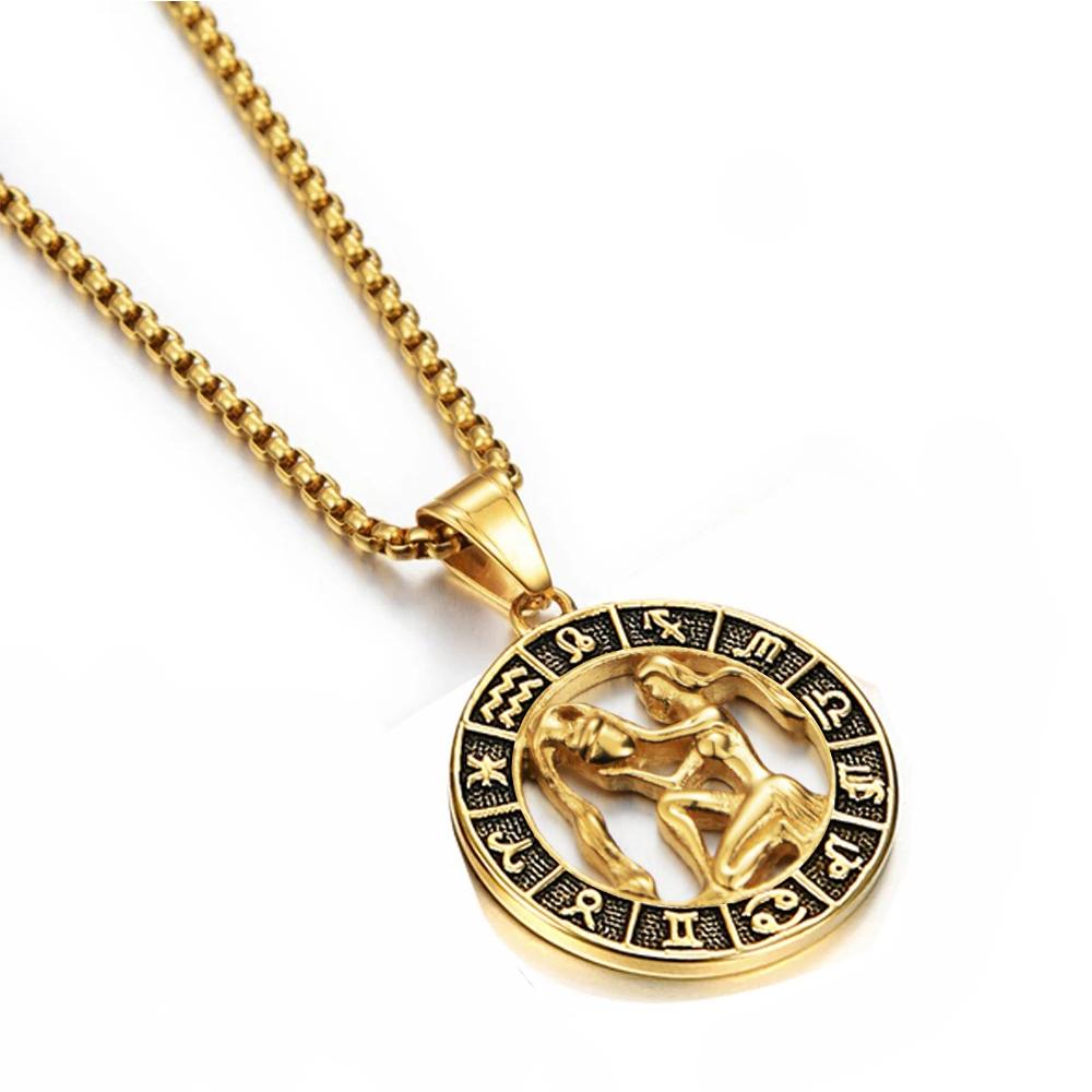 Gold Stainless Steel Zodiac Necklace Leo Scorpio Pendant for Women Men 12 Constellation Round Charm Jewelry Gift