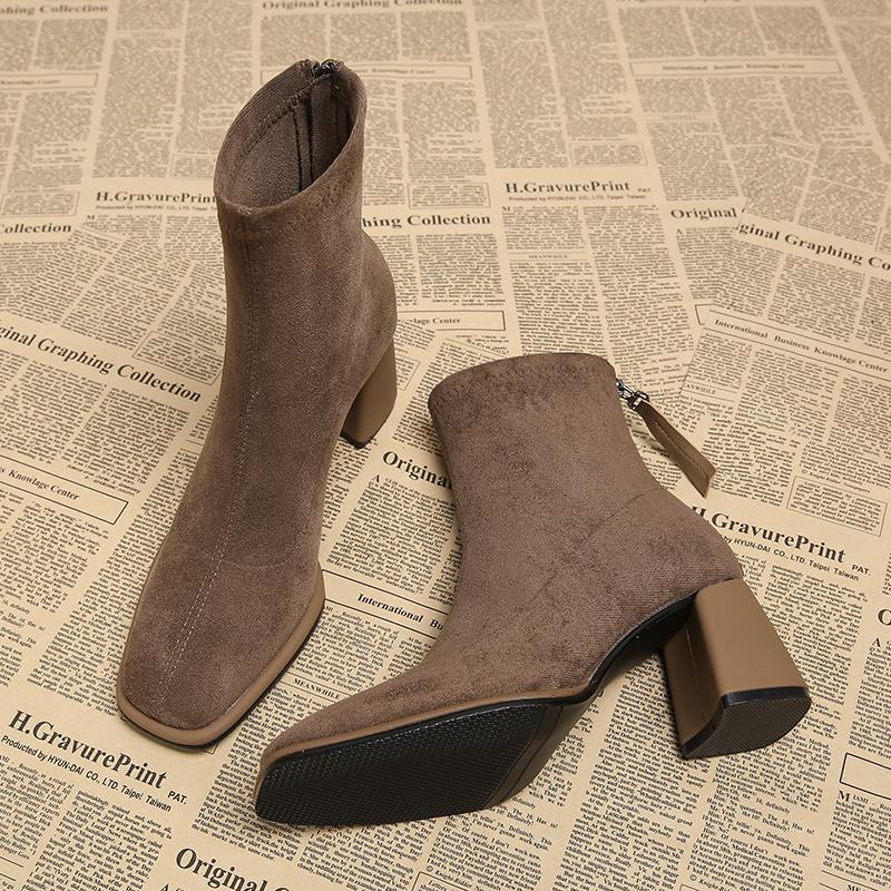 Vintage Square Toe Women Ankle Boots Fashion Zippers Thick Heels Shoes Winter Elegant Mordern Short Boot