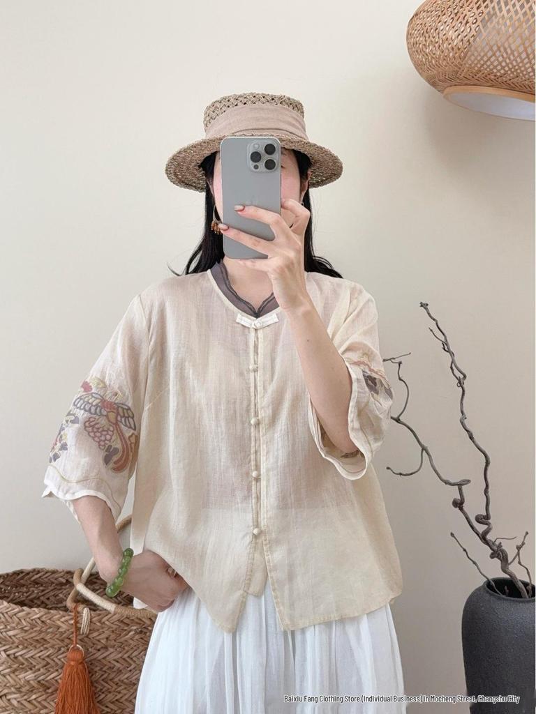 2026 Summer Women's Embroidered Ramie Shirt - Artistic Chinese Style, Stand Collar, Three-Quarter Sleeves