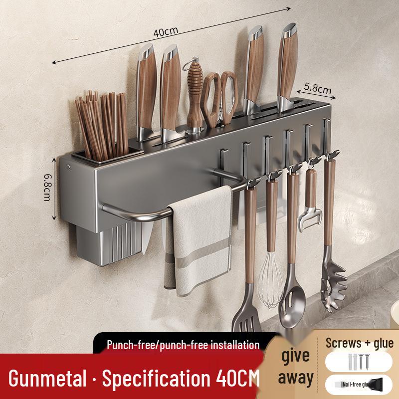 Wall-Mounted Knife & Utensil Holder with Punch-Free Multi-Functional Storage Rack
