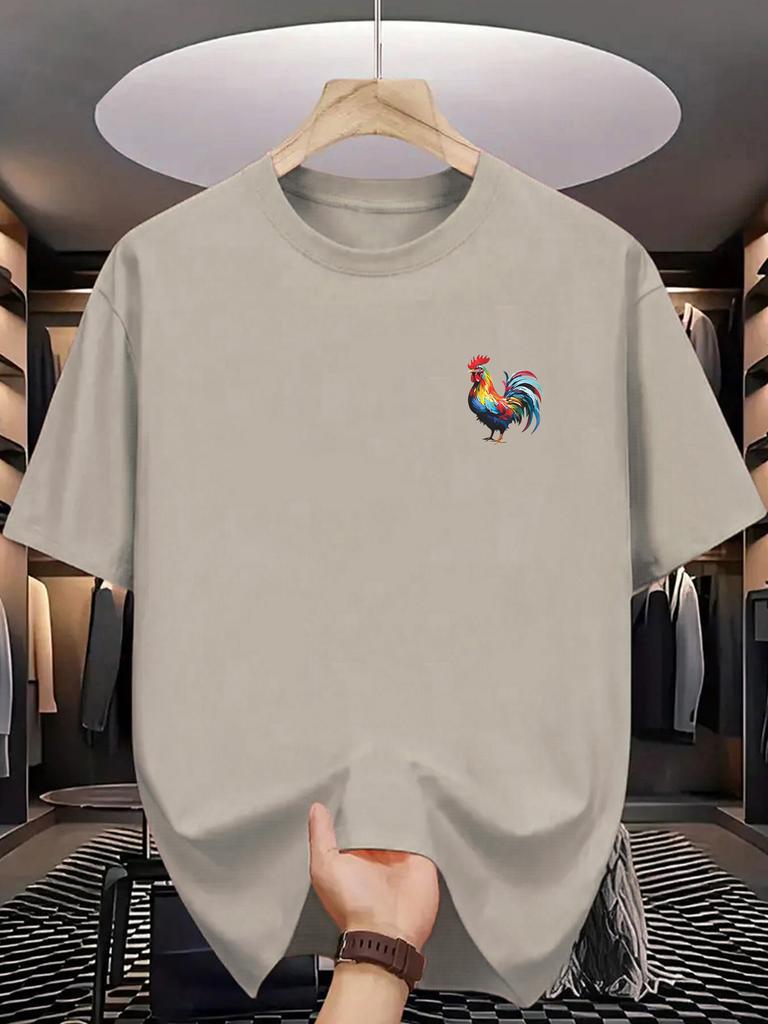 Men's summer 100% pure cotton fashionable casual loose sports bright rooster print round neck short sleeved T-shirt top