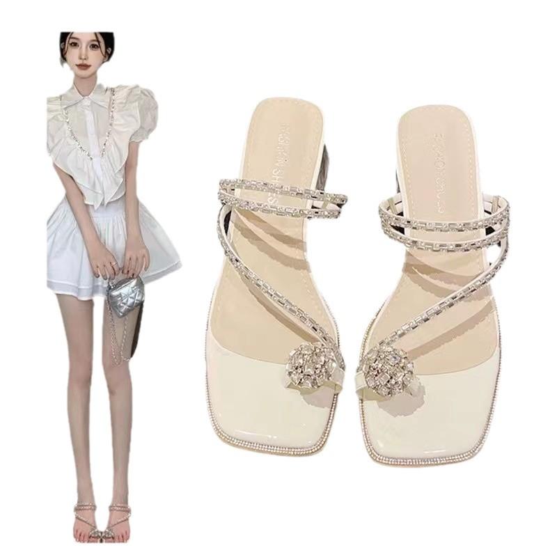 Heel Shoes Women's New Models In the Summer of 2024 with Rhinestones, Toe Sandals, Square Head Transparent Thick Heel, and Cool Slippers