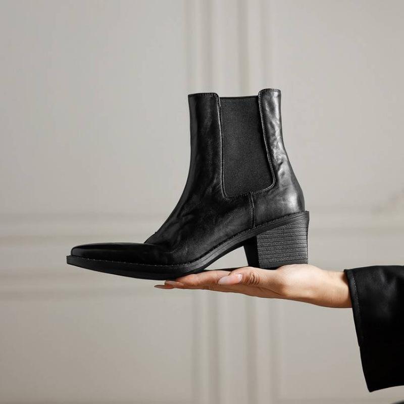 Neue Damen-Lederstiefel Leder große Größe mittlerer Absatz Damenstiefel Gummisohle Schaft Herbst und Winter Rindsleder vielseitig spitz kurze Stiefel