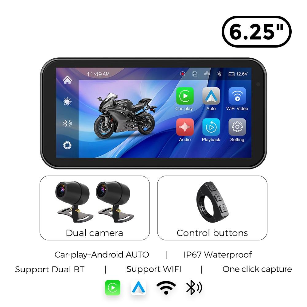 Wireless CarPlay Moto Android Auto  6.25inch Motorcycle GPS Navigation USB IP67 Waterproof Linux System Dual BT Dual CAM Recorde