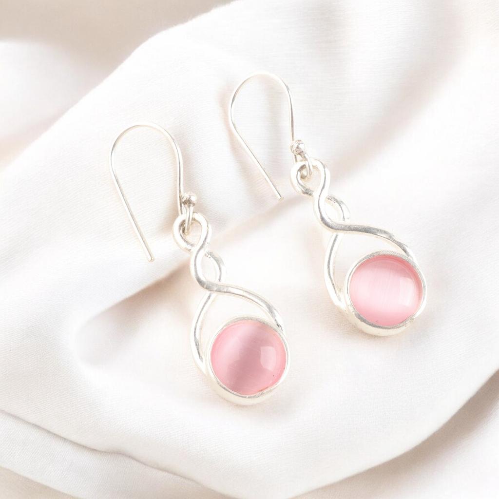 Natural Pink Cat's Eye Gemstone 925 Sterling Silver Handmade Designer Earrings CE-15-40