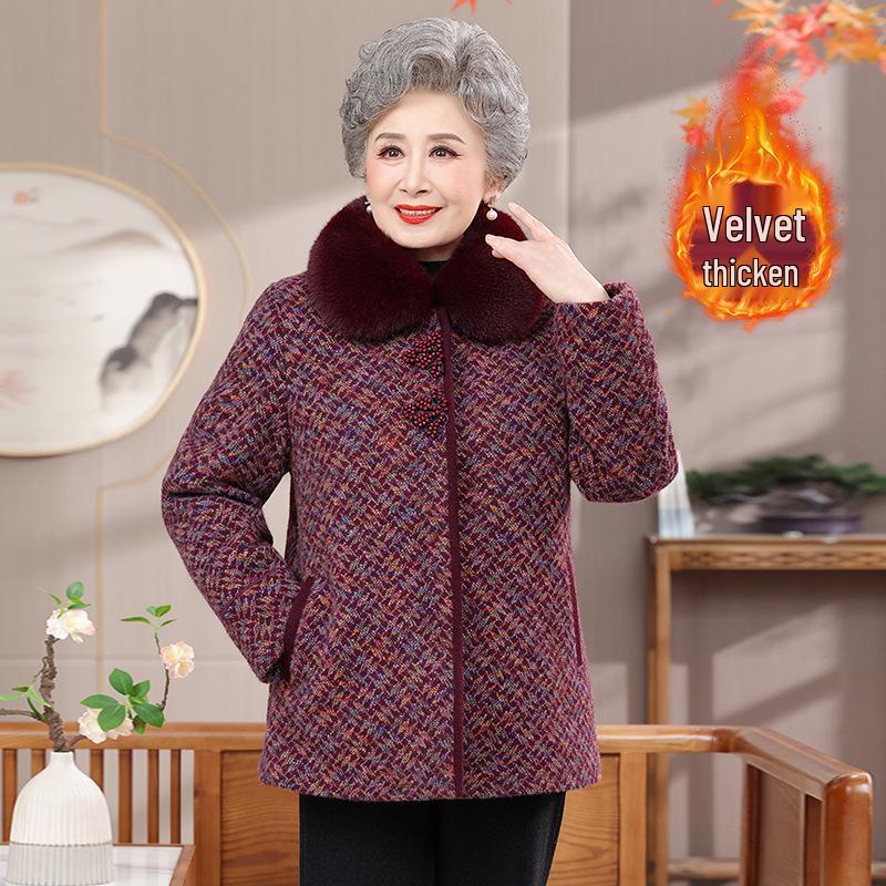 Mom's Winter Wool Coat for Middle-aged & Elderly: Thick Velvet Wool Top for Autumn/Winter, Grandma's Warm Outfit