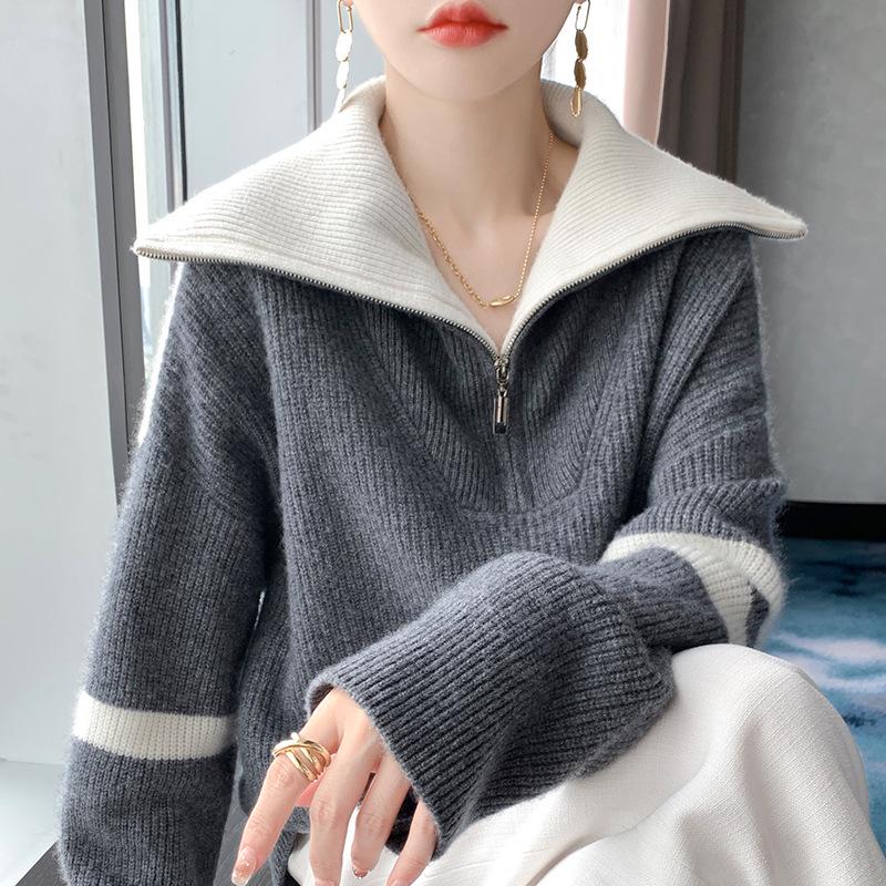 Women's Wool Color Block Half-Zip Casual Sweater with Big Lapel