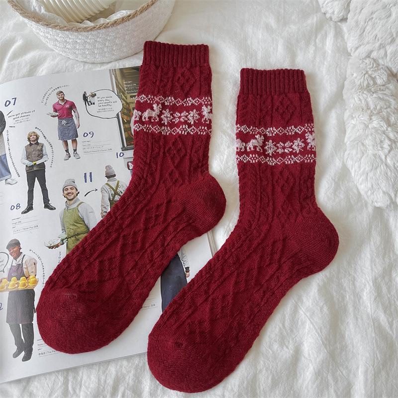 Wool Socks for Women, Mid-calf Socks for Autumn and Winter, Thickened Cashmere for Warmth, Christmas Snowflake Reindeer Long Calf Socks