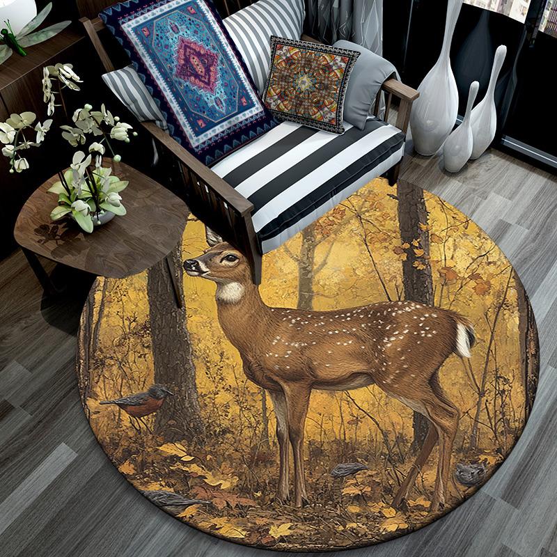 Forest Deer Round Area Rug,Carpet Rug for Living Room Bedroom Sofa Playroom Decor,Non-slip Floor Mat