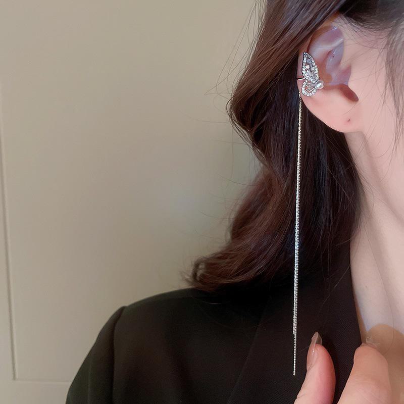 Silver Needle Star & Moon Tassel Ear Clips: Shiny Zircon, Sweet & Cool Style, Non-Pierced