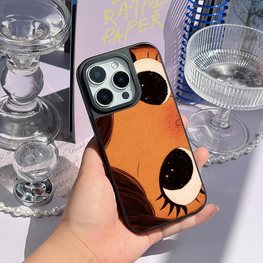 Big-eyed cute girl cartoon design Phone Case for iPhone 17 16 e 15 14 13 12 Pro Max Sheepskin Silver-edged protective case