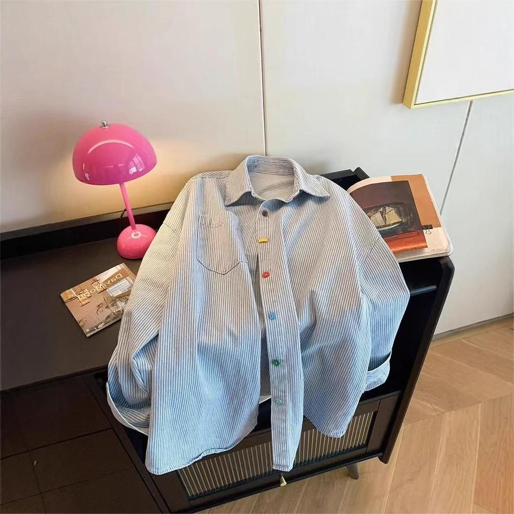 Retro Colorblock Denim Gestreiftes Oversized Polokragenhemd - Langarm, Bunte Knöpfe