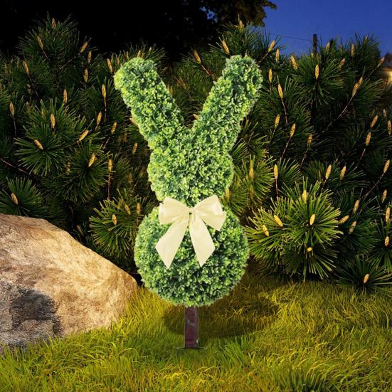 Easter Bunny Topiary Tree Garden Stake Rabbit Shaped Artificial Topiary with Bow Indoor Outdoor Porch Easter Holiday Party Decoration