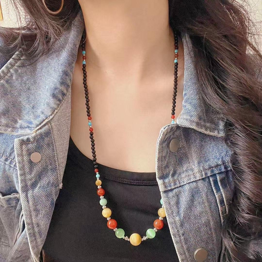 Retro Natural Black Agate Tiger S Eye Stone Chalcedony Artificial Green Cat S Eye Collarbone Chain Necklace Sweater Chain