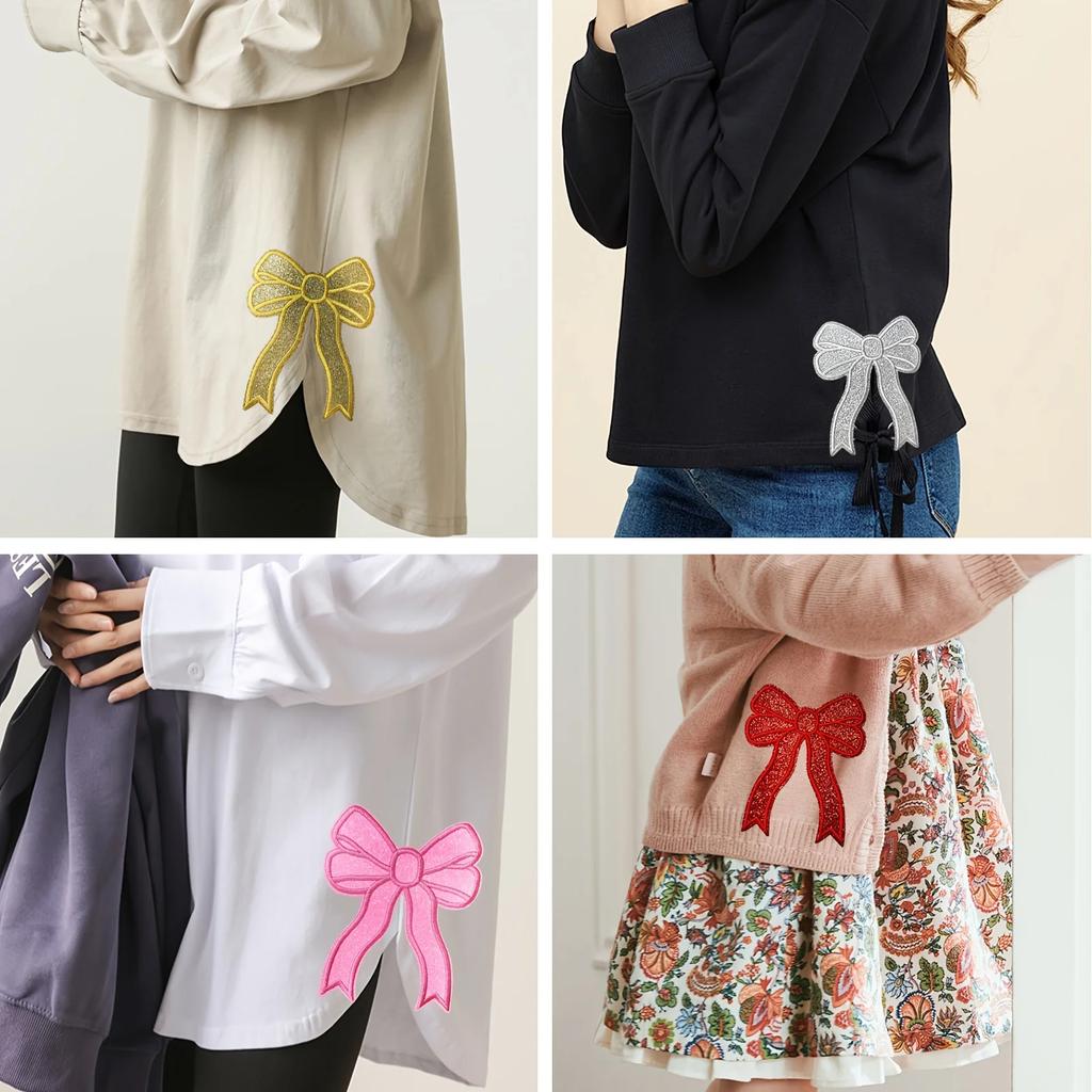 8pcs Colorful Bowknot Iron-On Patches,Green Geometric Knit Fabric Appliques, All-Season Polyester Clothing Decoration for Skirts.