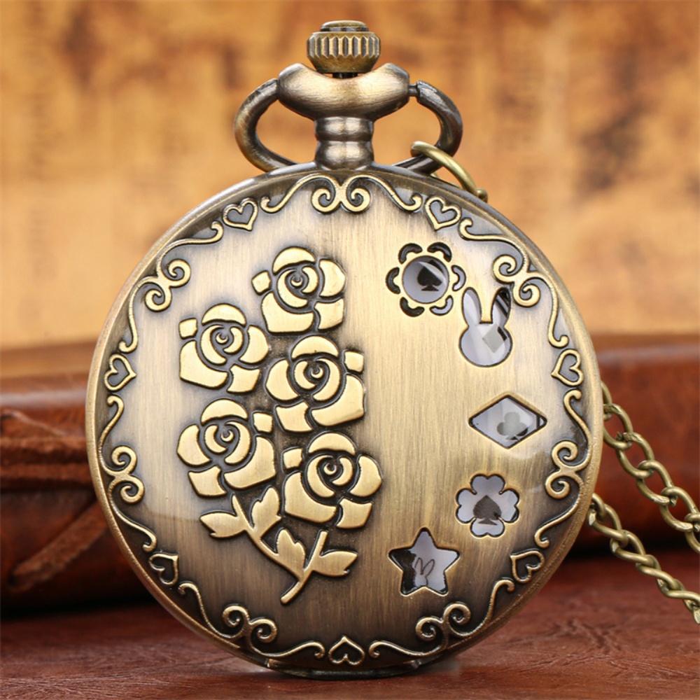 Unique Hollow Bronze Quartz Pocket Watch Rose Flower Pattern Necklace Pendant Clock Trendy Vintage Timepiece Gift for Men Women