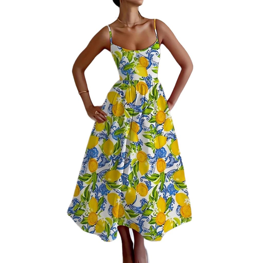 Fresh Lemon Print Suspender Skirt Retro Blue-green Embellishment, Waist-exposed Design Outlines Graceful Figure, Summer Eye-catching