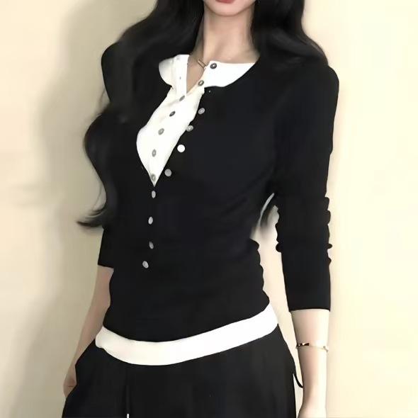 Spring and Autumn Slimming Bottom Shirt Top Korean Fake Two Piece Color Contrasting Long Sleeve T-shirt for Women