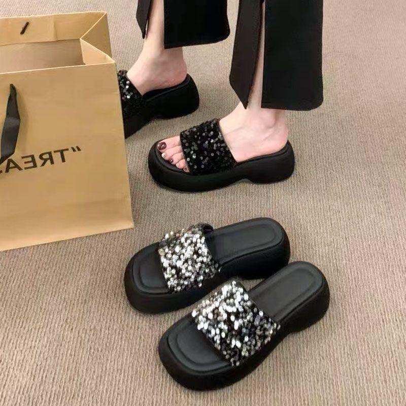 Fashion Chic Black Sequined Chunky Slides | Elevated & Eye - Catching, Perfect for Summer Daily & Street Looks