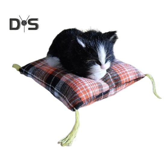 Simulation Cat Doll Plush Toy Mini Realistic Sleeping Kittens on Mat Figurine Stuffed Animal Toy with Cushion for Home Office Room Desktop Decor