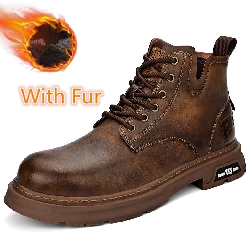 High Top Male Motocross Boots New Fashion Mens Leather Shoes Motorcycle Ankle  Boots for Men Warm Plush Fur Winter Boots
