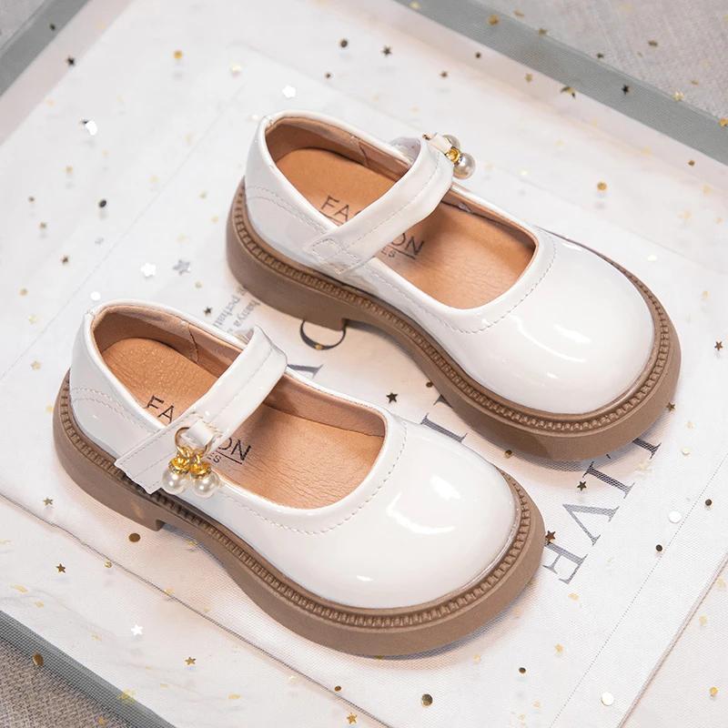 Girls Black Leather Shoes Princess Sweet Flat Mary Janes with Pearl Pendant for Wedding Party Back To School Dress Flats 26-36