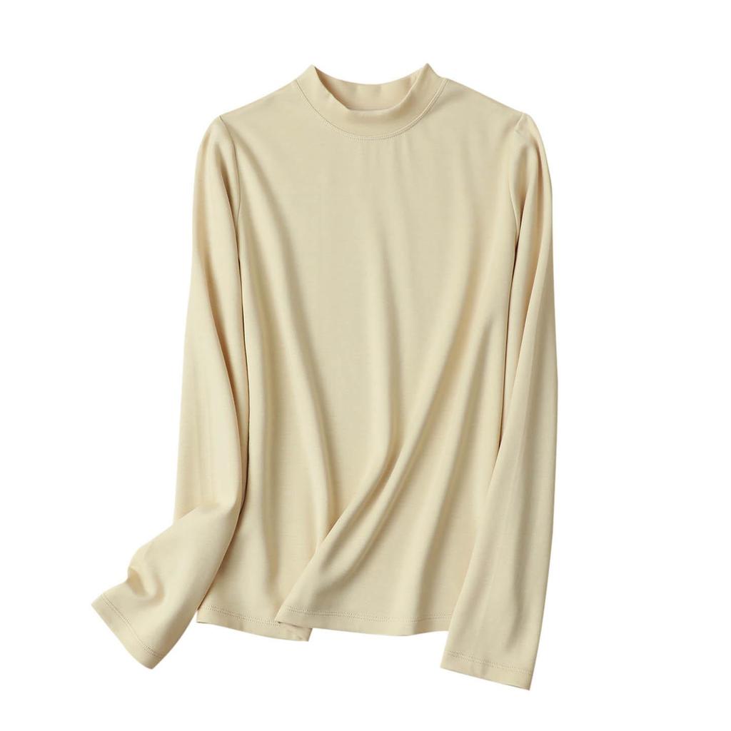 Damen Langarm-Basisshirt aus 250g Maulbeerseide mit gebürstetem Fleece und kleinem Stehkragen für den Herbst