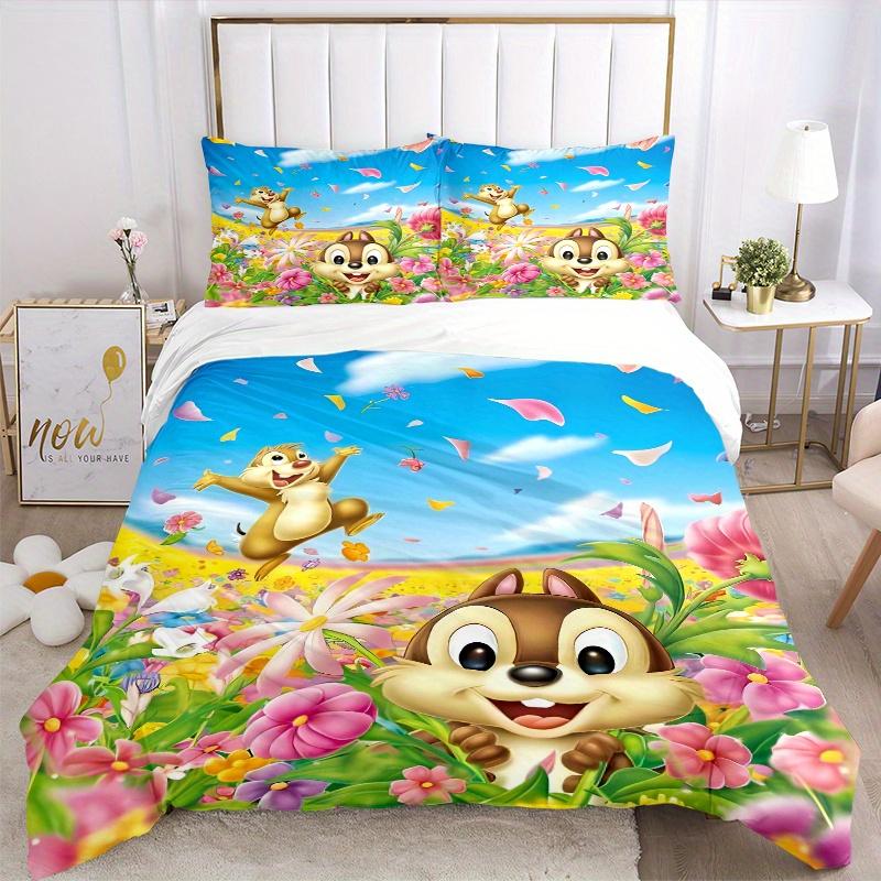 3pcs Chip & Dale Among the Flowers Quilt Cover Set - Soft and Cozy Bedroom, Guest Room and Dorm Decorative Bedding 3-Piece Set 1 Quilt Cover + 2