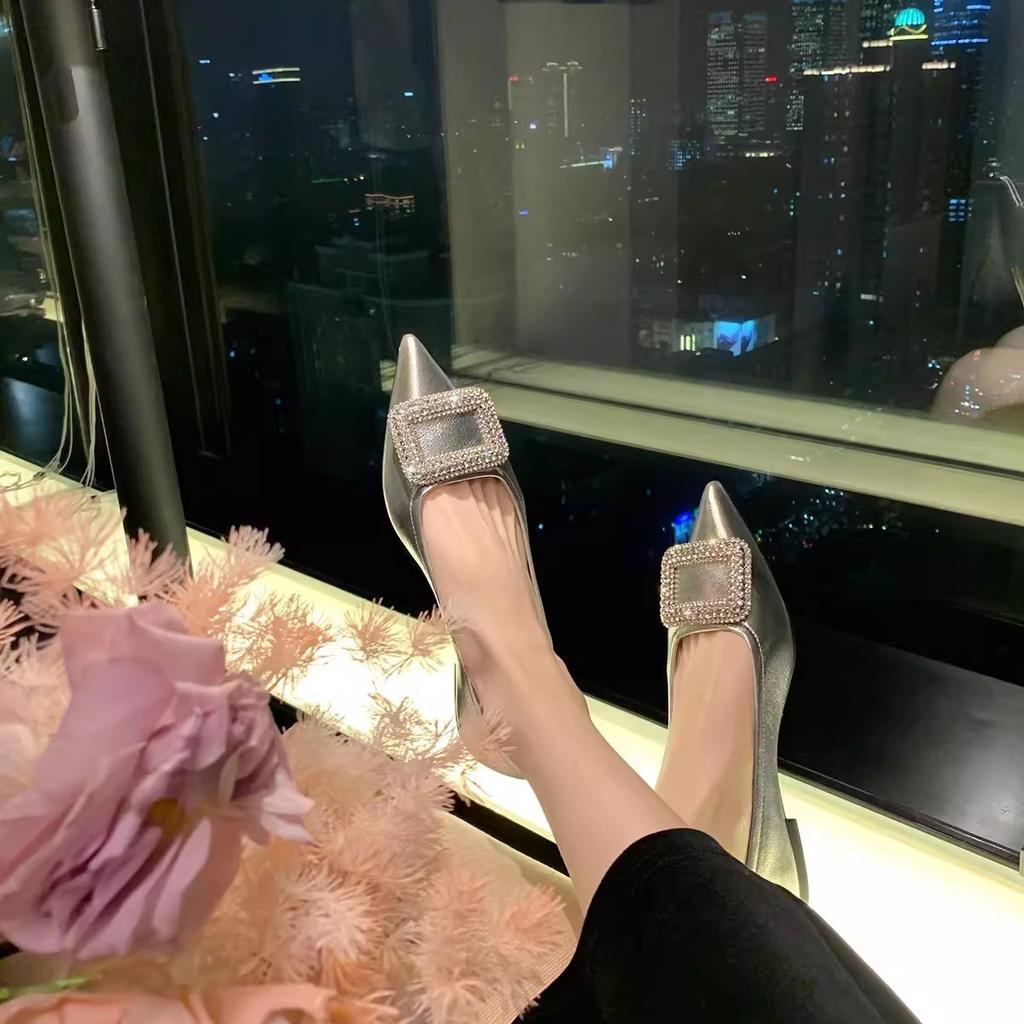 Leather version~ Grape mother same shoes sparkling rhinestone square buckle pointed versatile light mouth flat sole shoes women's ladyshoes