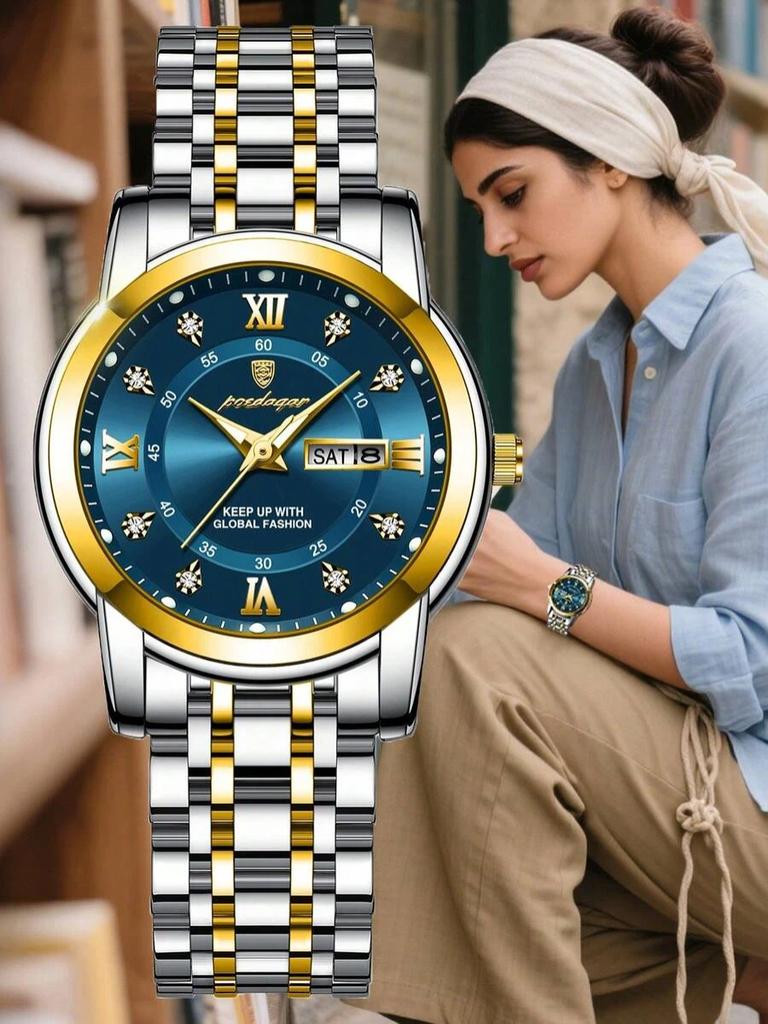 POEDAGAR Casual Women Wristwatch Waterproof Luminous Date Week Quartz Watches Stainless Steel Elegant Dress Ladies Watch