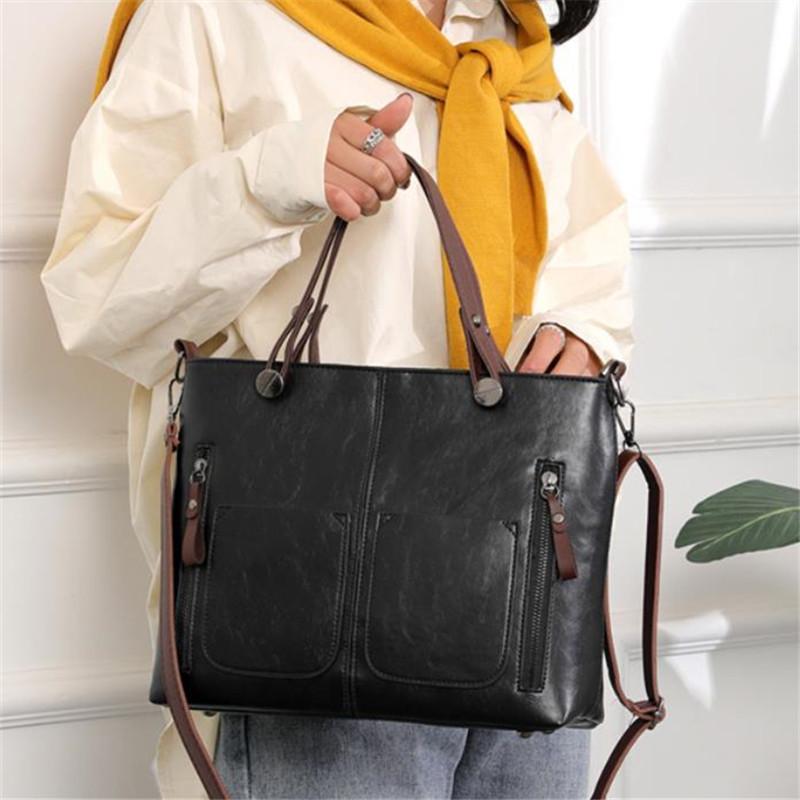 Europe America Retro Leather Handbag Shoulder Bag, Two Pocket Zipper Tote Bag, Classic Crossbody Bags for Women Work Business