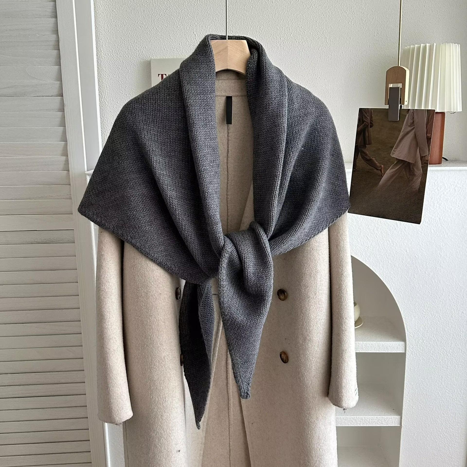 Простой однотонный шарф-накидка из смесовой шерсти, большой вязаный шарф-треугольник, универсальный теплый зимний шарф