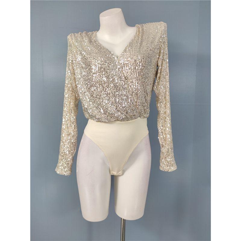 

Заказ внешней торговли H Элегантный приталенный гару Блестящий сексуальный V-образный вырез На все случаи жизни Темпераментный комбинезон Одежда с позиционированием против вытягивания Silver White L