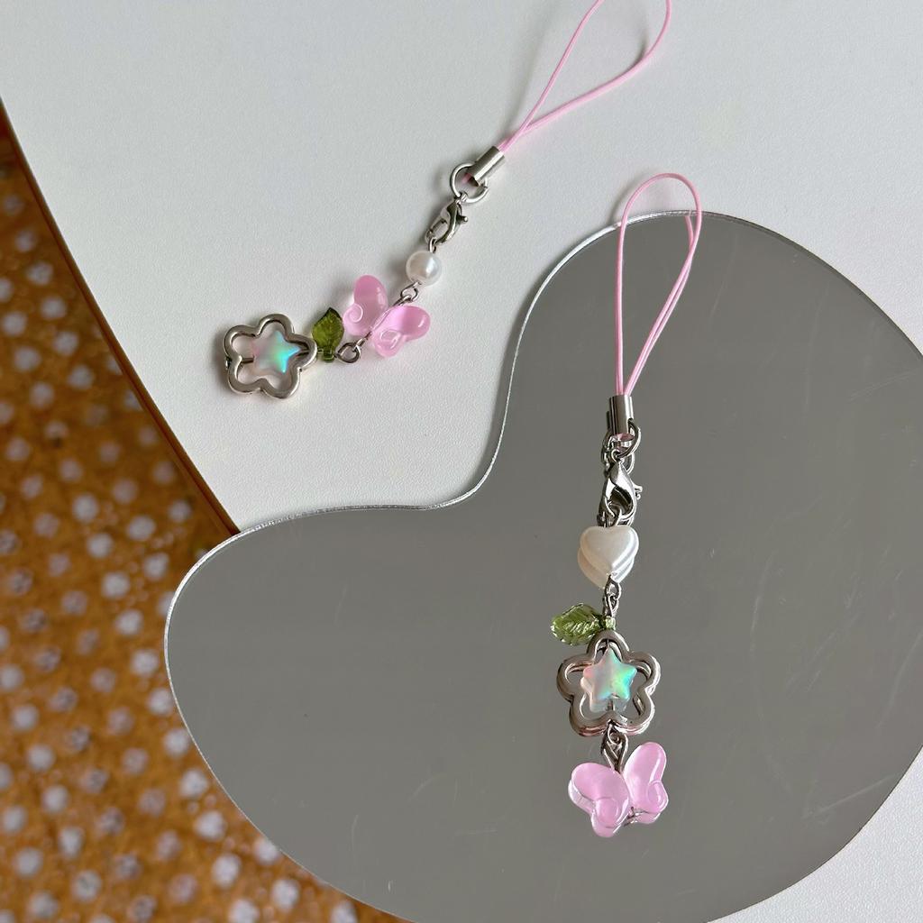 Handmade Beaded Phone Chain Flower and Butterfly Cellphone Charm Colorful Keyring Pendant Cellphone Charm Accessory