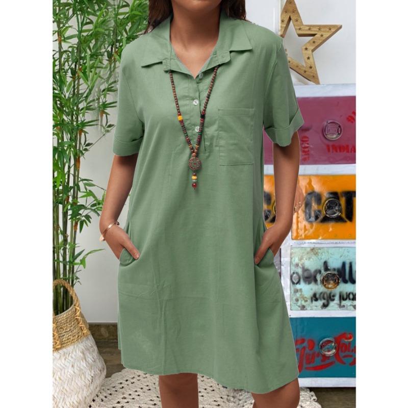 

Хлопок лен однотонный свободный плечевой короткий рукав карман повседневный комбинезон платья 5XL армия зеленый