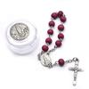 QIGO Red Wood Beads Strand Cross Rosary Bracelet With Box Church Religious Jewelry Gifts Cannot Be Worn