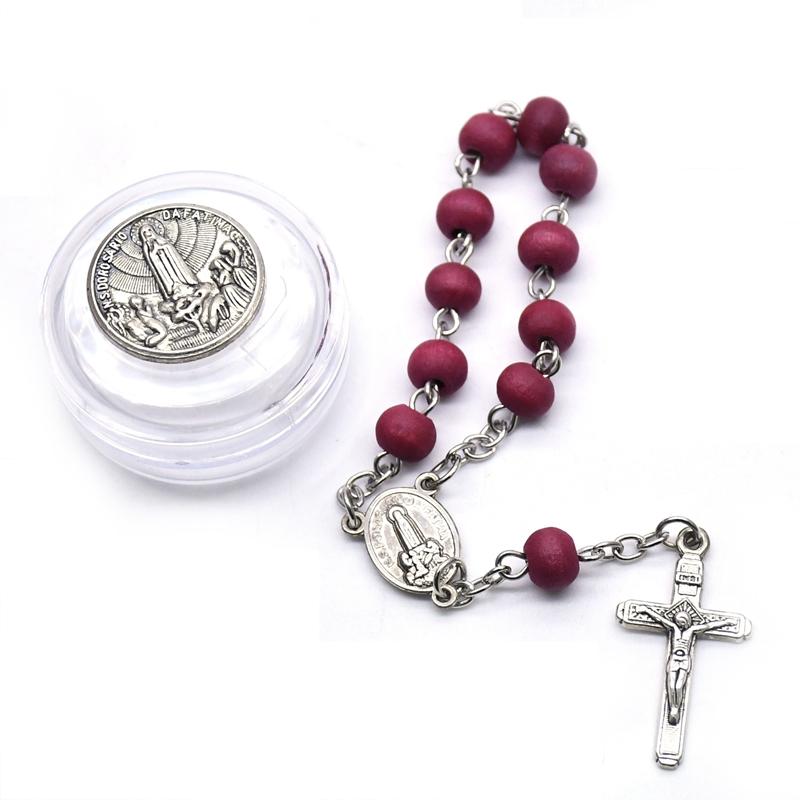 QIGO Red Wood Beads Strand Cross Rosary Bracelet With Box Church Religious Jewelry Gifts Cannot Be Worn