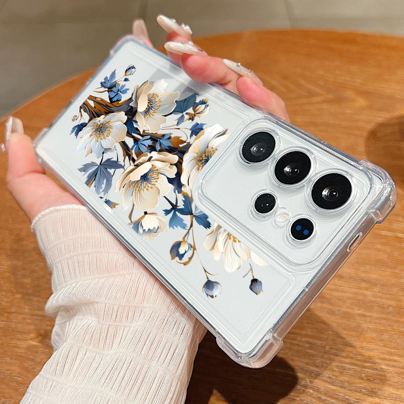 Luxusní průhledný silikonový kryt s květinovým potiskem pro Samsung S25 S24 FE S23 Ultra S22 A56 A36 A16 A55 A35 Nárazuvzdorný ochrana objektivu Tenký měkký kryt na telefon