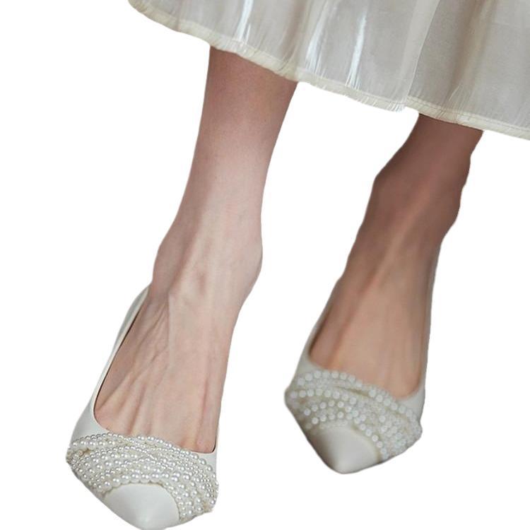 White bridal shoes French niche fine heel single shoes main yarn show two wear wedding shoes women's high heels are not tired