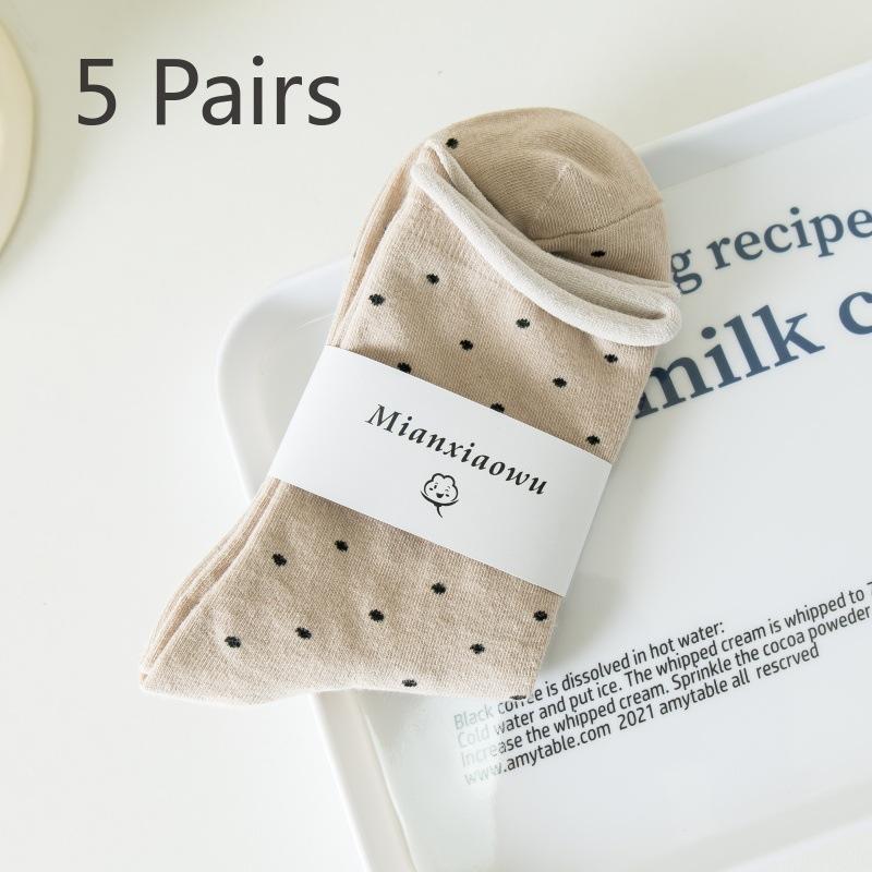 5 Pairs of Female Summer Thin Student Curled Brim Polka Dot Mid Tube Pile Socks