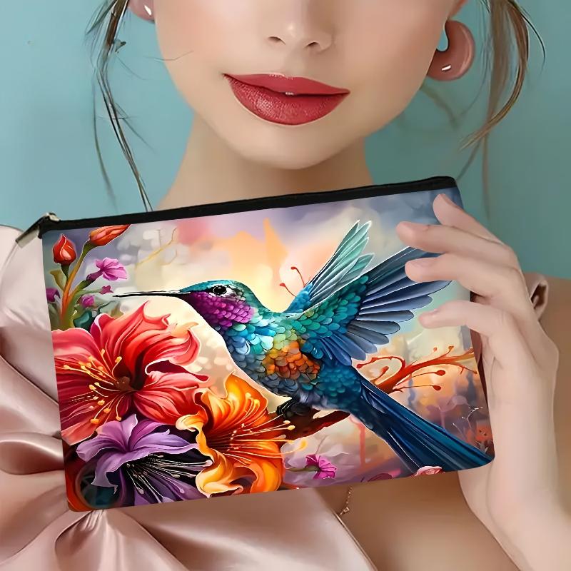 1pc Hummingbird Floral Pattern Makeup Bag Travel Cosmetic Pouch with Zipper Vibrant Blue Green Hummingbird Travel Cosmetic Bag
