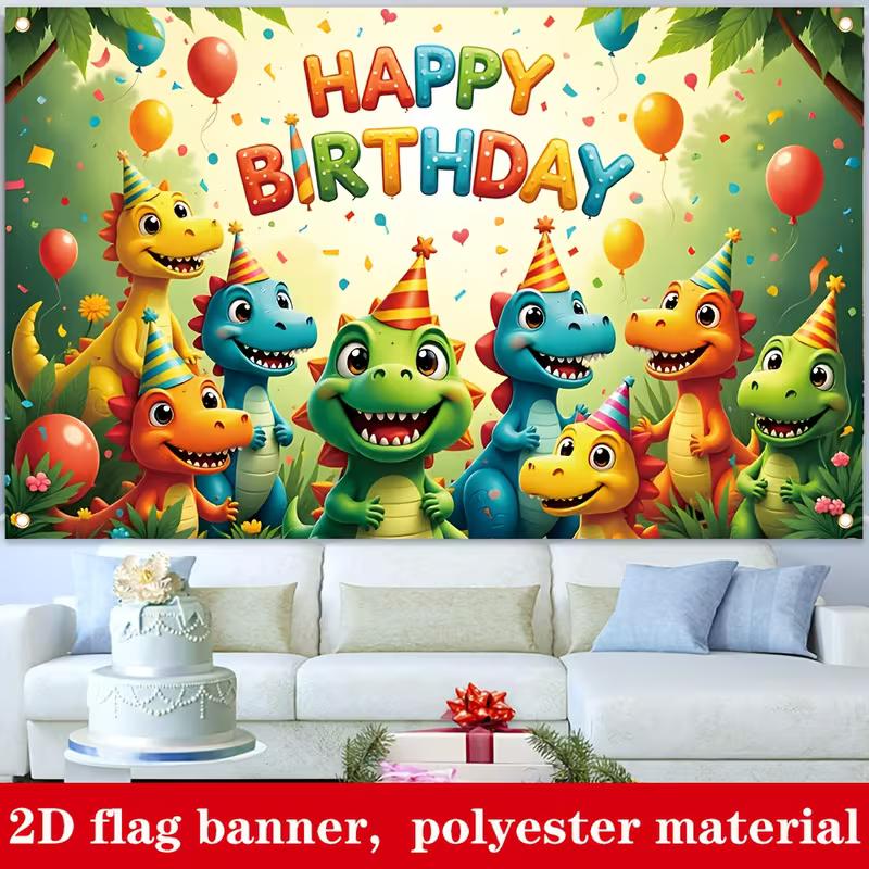 2D Colorful Dinosaur Happy Birthday Backdrop Jungle Theme Kids Party Decoration Banner