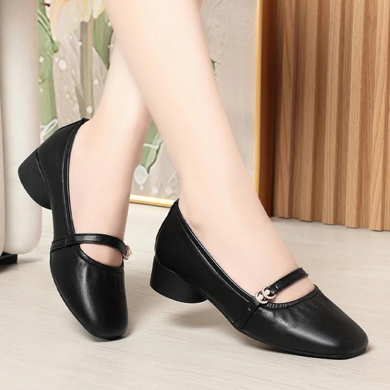 

3cm Fashion Breathable Comfortable Shallow Mary Janes Women s Flats 2025 Fall Block Heels Soft Leather Shoes for Office Mom 35