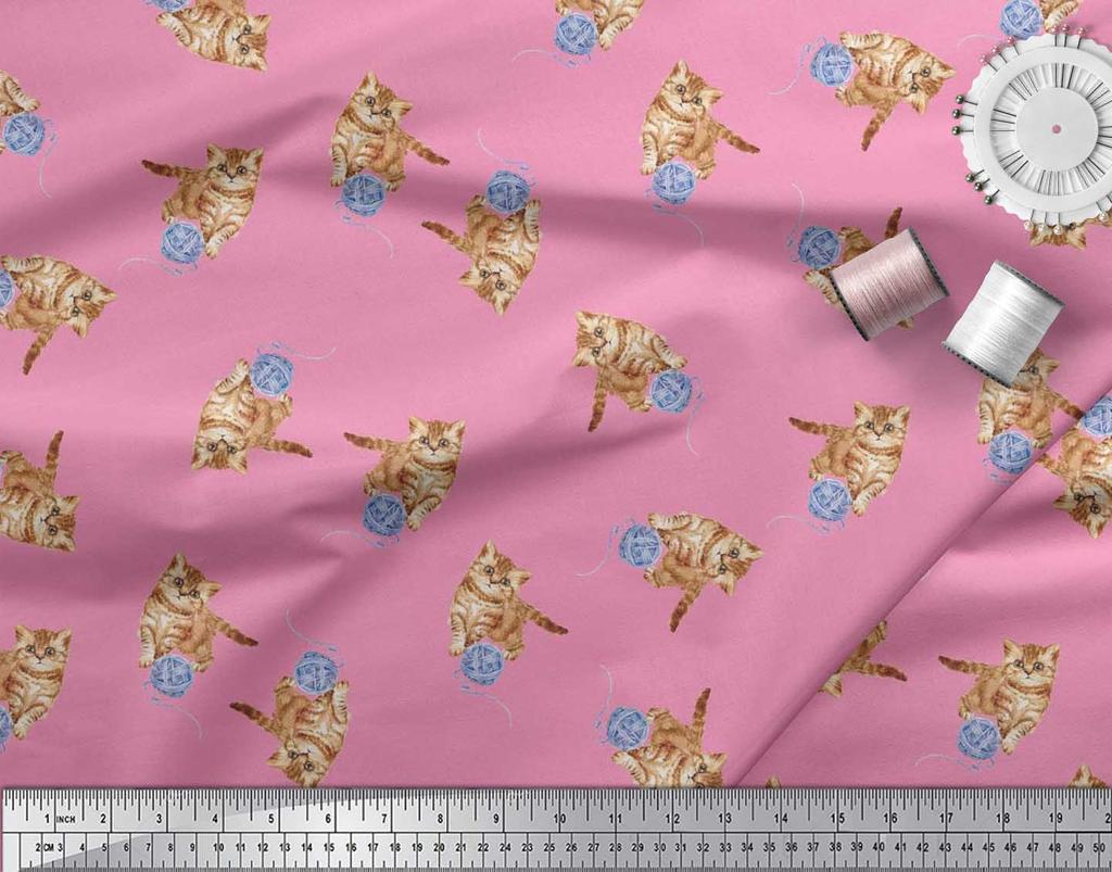 Soimoi Japan Crepe Satin Fabric Wool & Cat Animal Print Fabric by the Metre 42 Inch